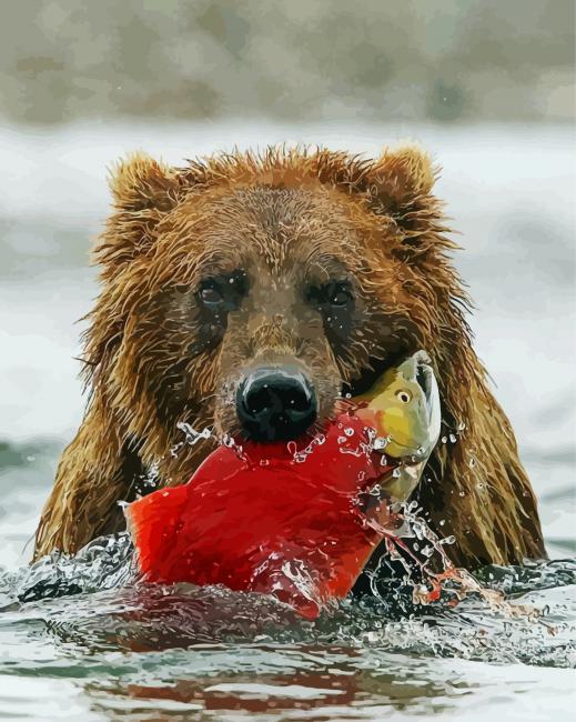 Brown Bear Catching Fish paint by numbers