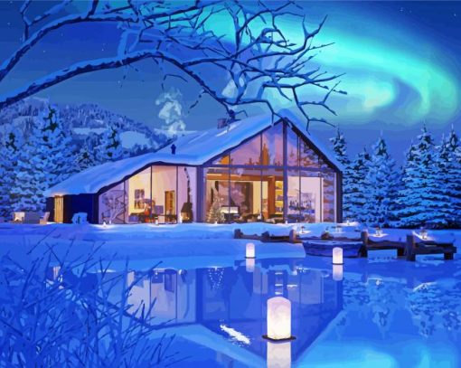 Winter Snowy Lake Cabin paint by numbers