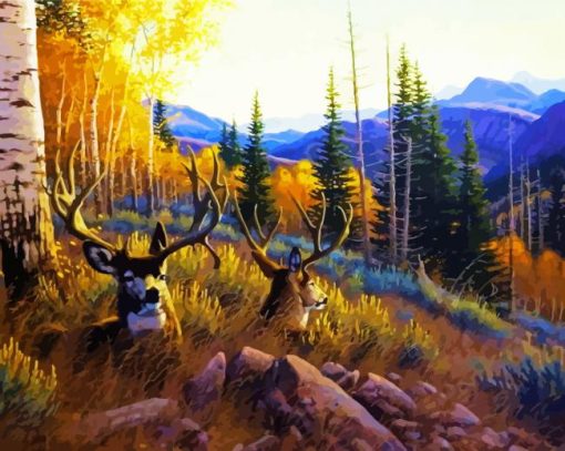 Deers In Mountains And Birch Trees paint by numbers