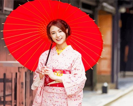 Japanese Woman With Kimono And Umbrella paint by numbers