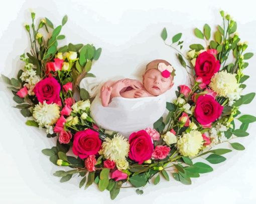 Newborn Baby With Flowers paint by numbers