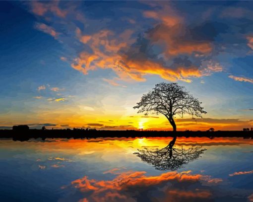 Panorama Tree By Water At Sunset paint by numbers