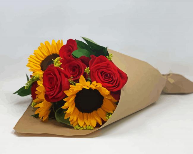 Red Roses And Sunflowers Bouquet paint by numbers