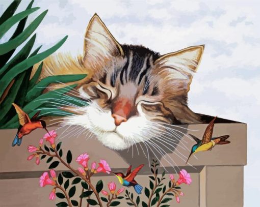 Sleepy Cat And Hummingbird paint by numbers