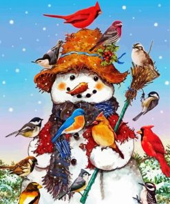 Snowman With Birds Art paint by numbers