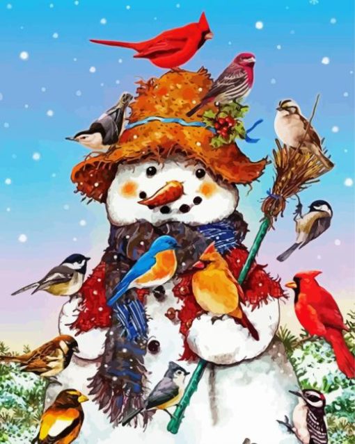 Snowman With Birds Art paint by numbers
