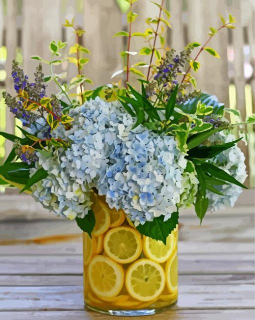 Aesthetic Blue Flowers Vase With Lemons paint by numbers