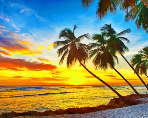 Beach With Palm Trees At Sunset paint by numbers
