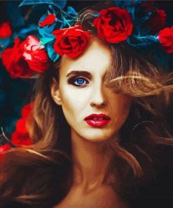 Beautiful Woman With Red Flowers paint by numbers