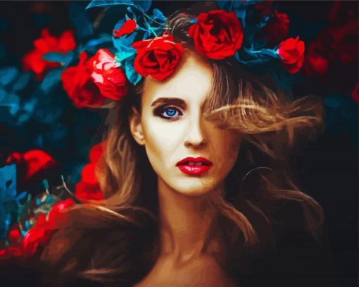Beautiful Woman With Red Flowers paint by numbers