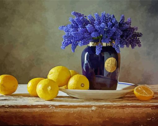 Blue Flowers Vase With Lemons paint by numbers