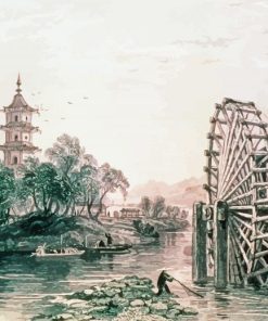 Chinese Old Water Mill Art paint by numbers