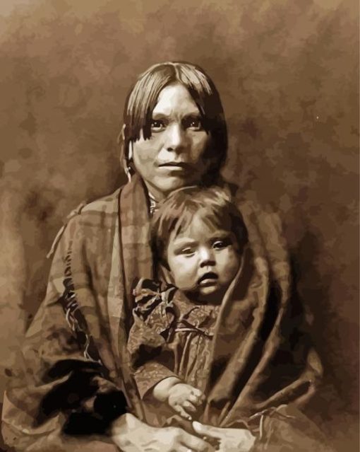monochrome Native American mom and baby paint by number